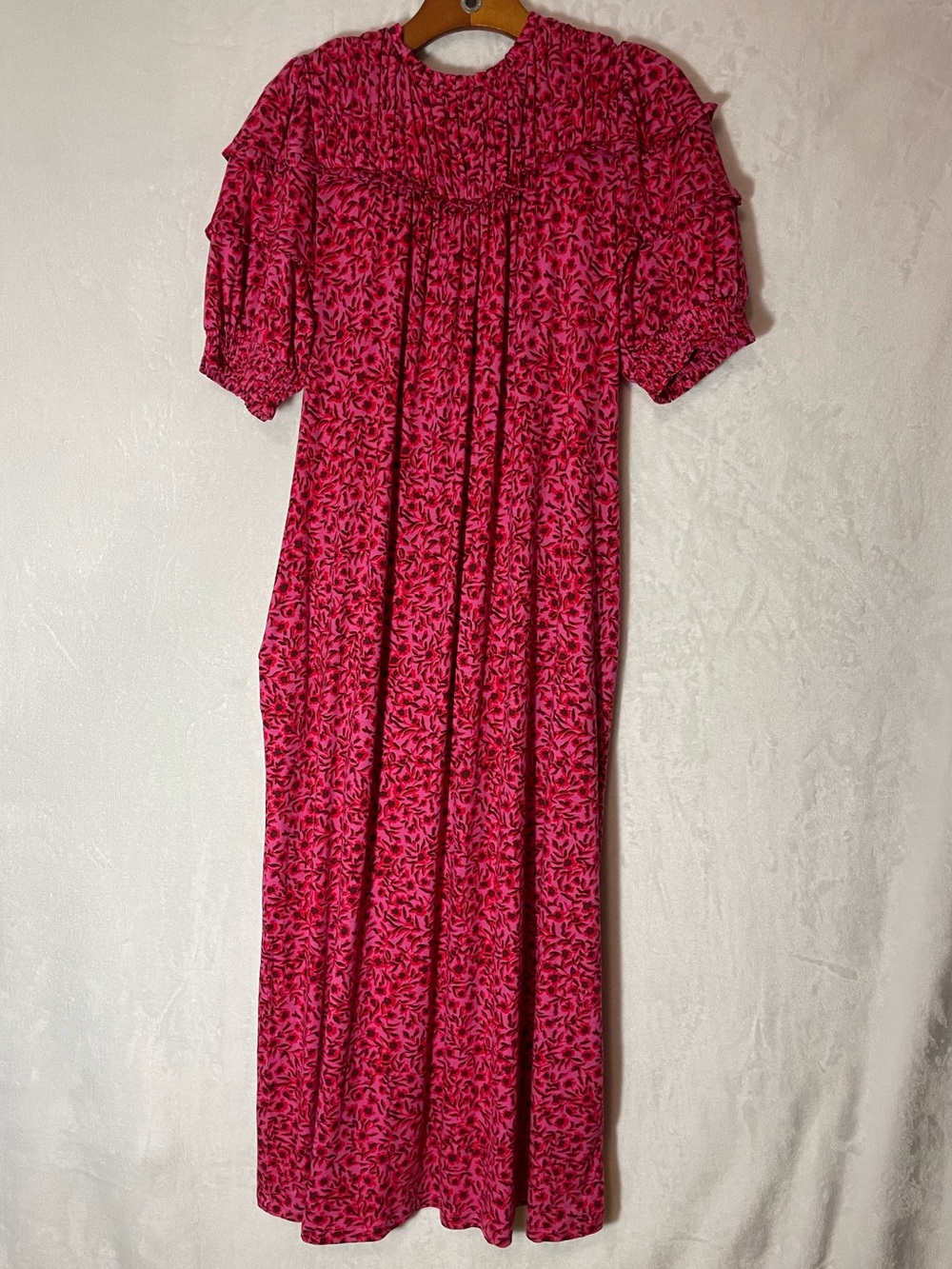 Boden Crimson Pink Floral Maxi Dress with Smocked Neckline